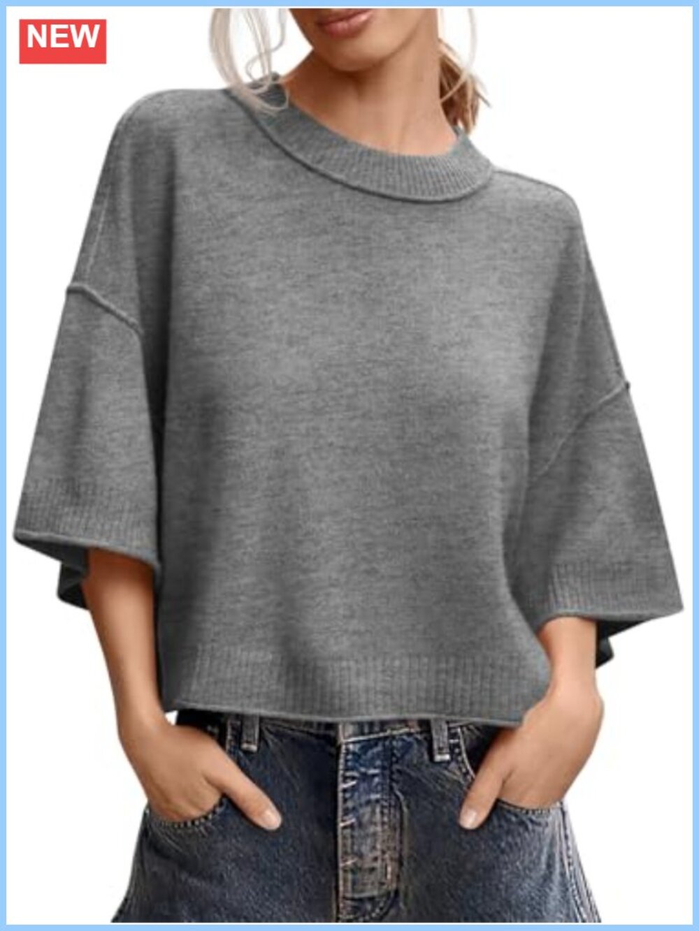 Womens Short Sleeve Sweater Oversized Cropped Knit Top